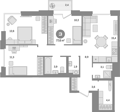Планировка — Квартал Герцена, 3-комн., 75 м²