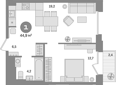 Планировка — Квартал Герцена, 1-комн., 43 м²