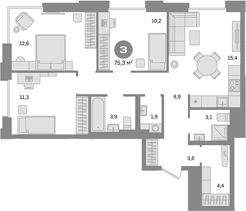 Планировка — Квартал Герцена, 3-комн., 75 м²