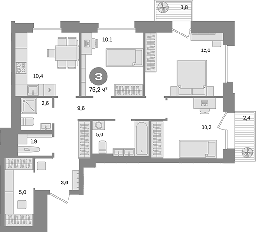 Планировка — Квартал Герцена, 3-комн., 71 м²