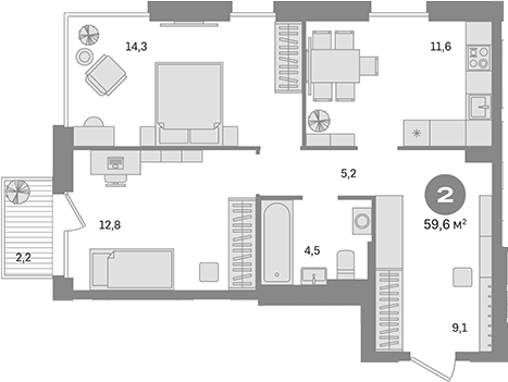 Планировка — Квартал Герцена, 2-комн., 57 м²