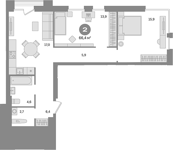 Планировка — Квартал Герцена, 2-комн., 66 м²