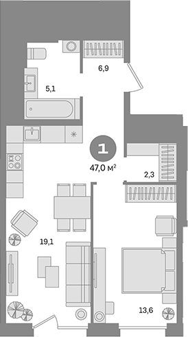 Планировка — Квартал Герцена, 1-комн., 47 м²