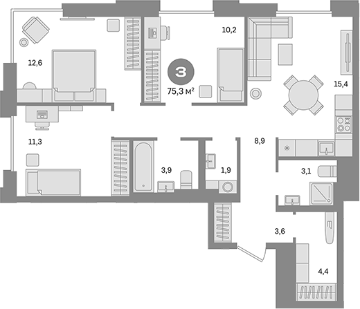 Планировка — Квартал Герцена, 3-комн., 75 м²