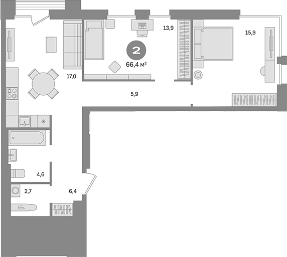 Планировка — Квартал Герцена, 2-комн., 66 м²