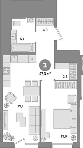 Планировка — Квартал Герцена, 1-комн., 47 м²