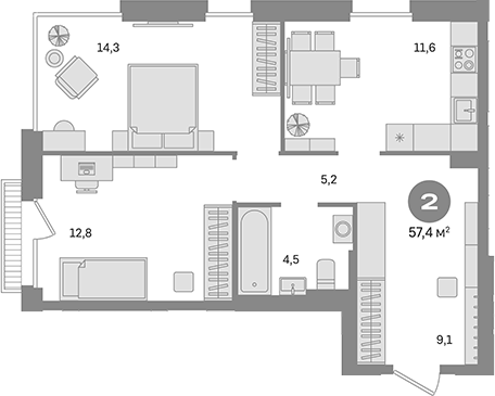 Планировка — Квартал Герцена, 2-комн., 57 м²