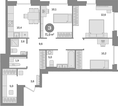 Планировка — Квартал Герцена, 3-комн., 71 м²