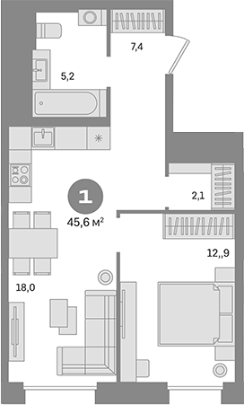 Планировка — Квартал Герцена, 1-комн., 46 м²