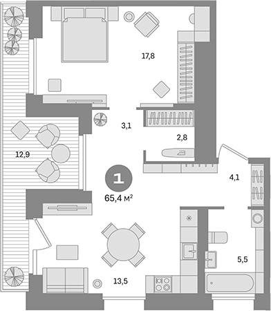 Планировка — Квартал Герцена, 1-комн., 53 м²
