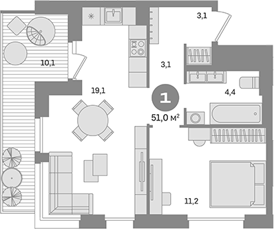 Планировка — Квартал Герцена, 1-комн., 41 м²