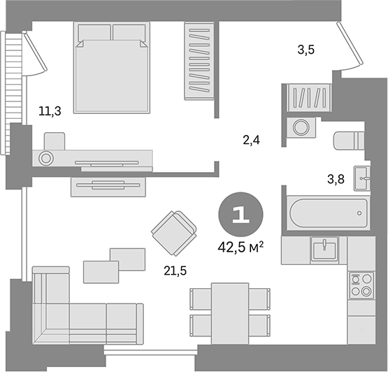 Планировка — Квартал Герцена, 1-комн., 43 м²