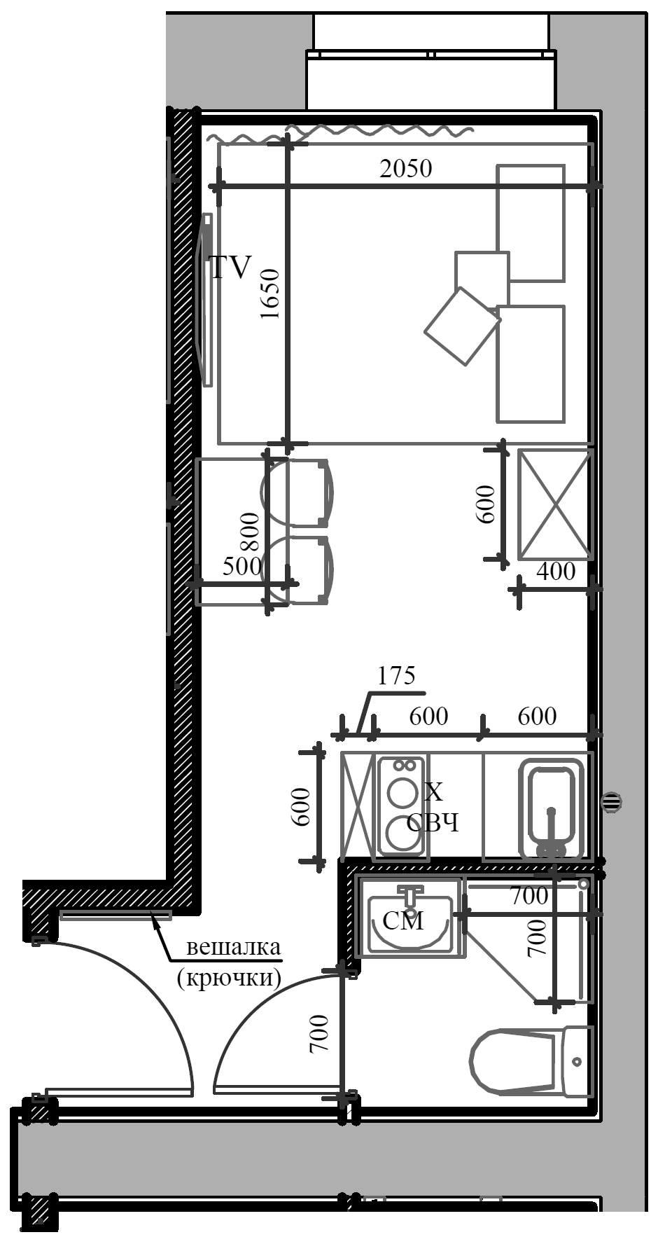 Планировка — Апартаменты на Пресне, Студия, 13 м²