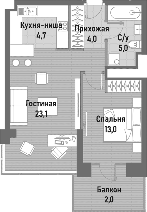 Планировка — Ренессанс, 2-комн., 52 м²