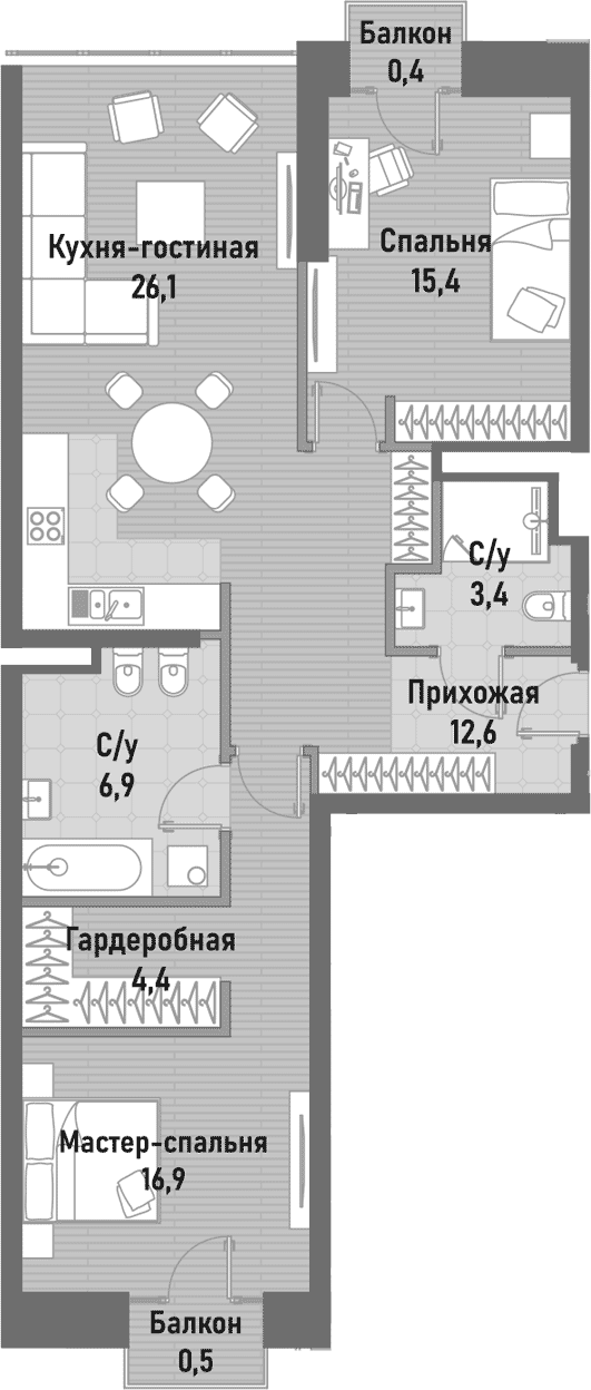 Планировка — Ренессанс, 3-комн., 89 м²