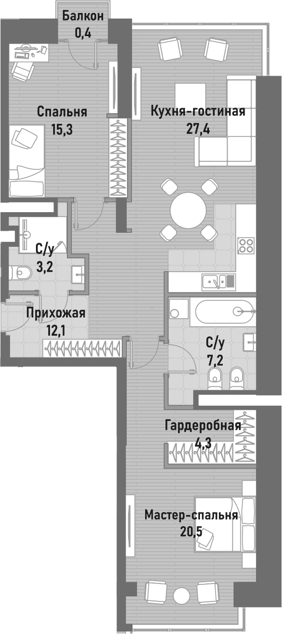 Планировка — Ренессанс, 3-комн., 93 м²