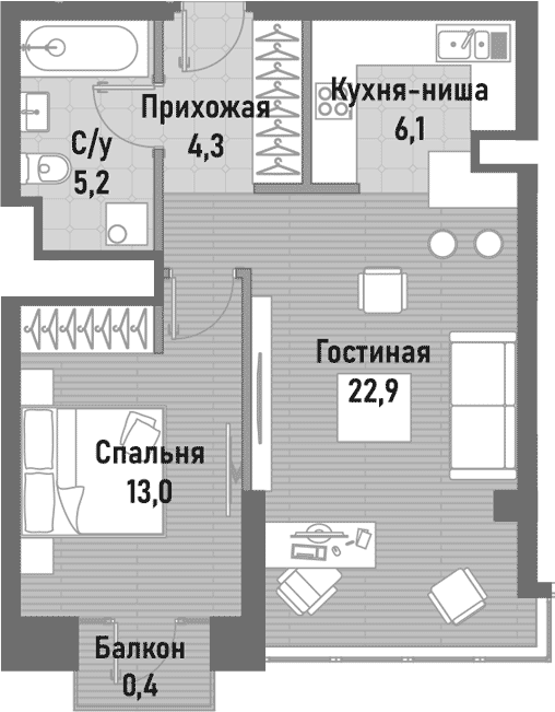 Планировка — Ренессанс, 2-комн., 52 м²
