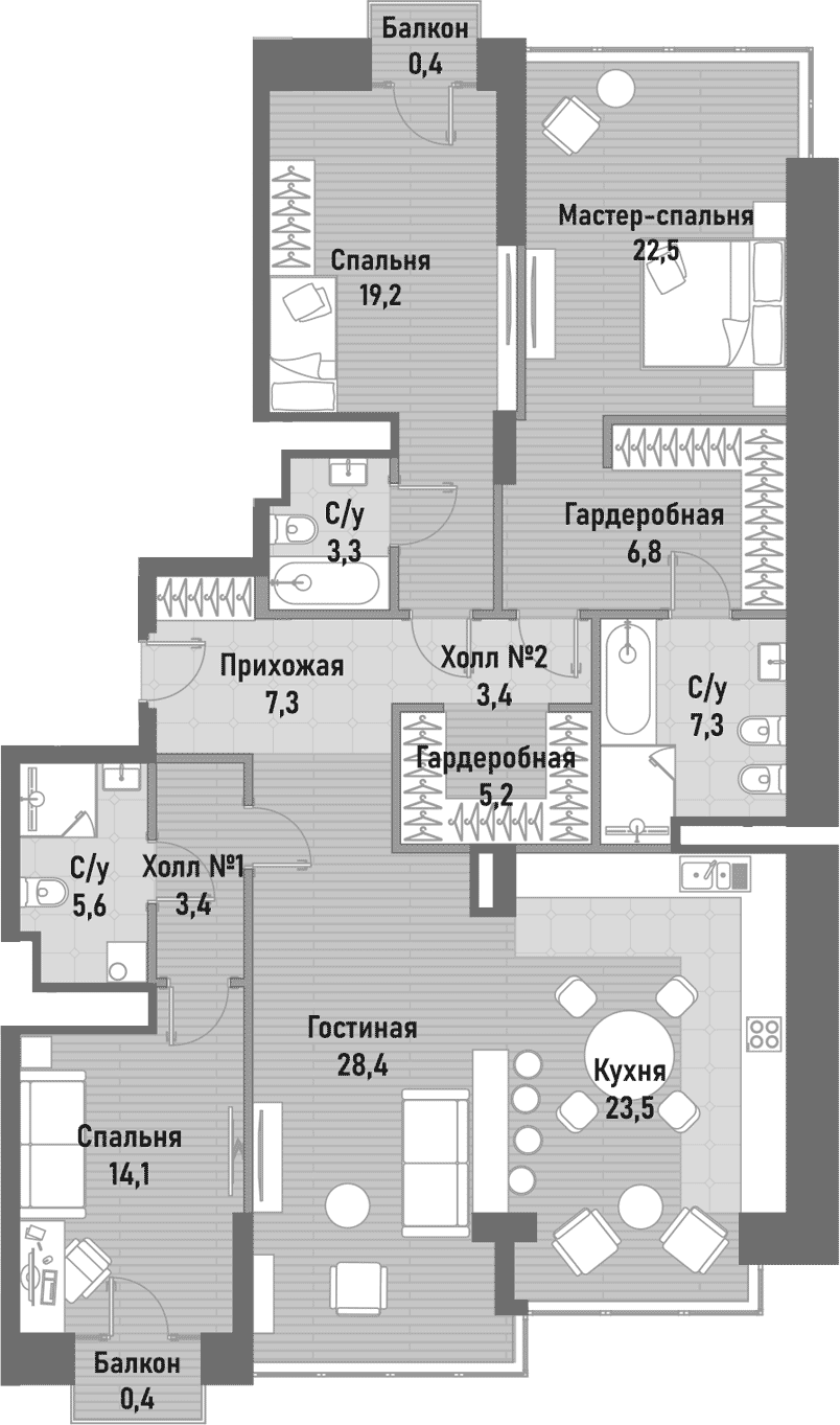 Планировка — Ренессанс, 5-комн., 152 м²
