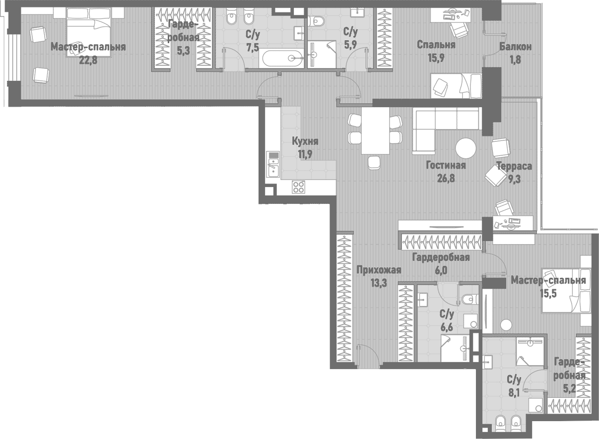 Планировка — Ренессанс, 4-комн., 151 м²
