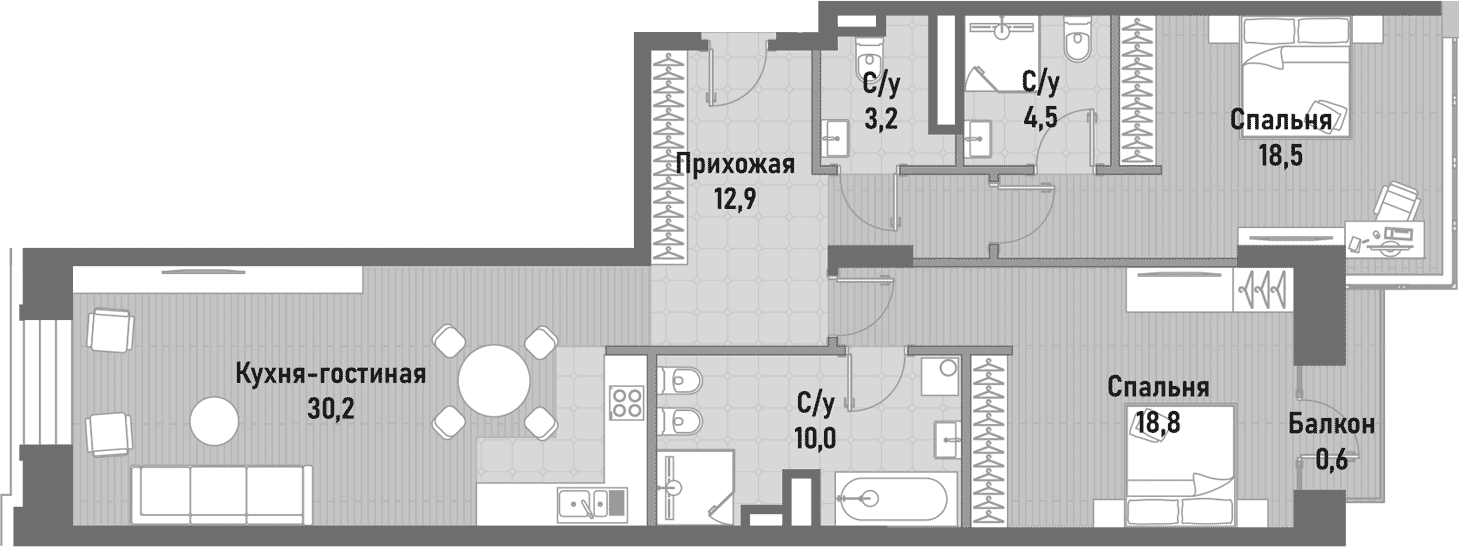 Планировка — Ренессанс, 3-комн., 99 м²