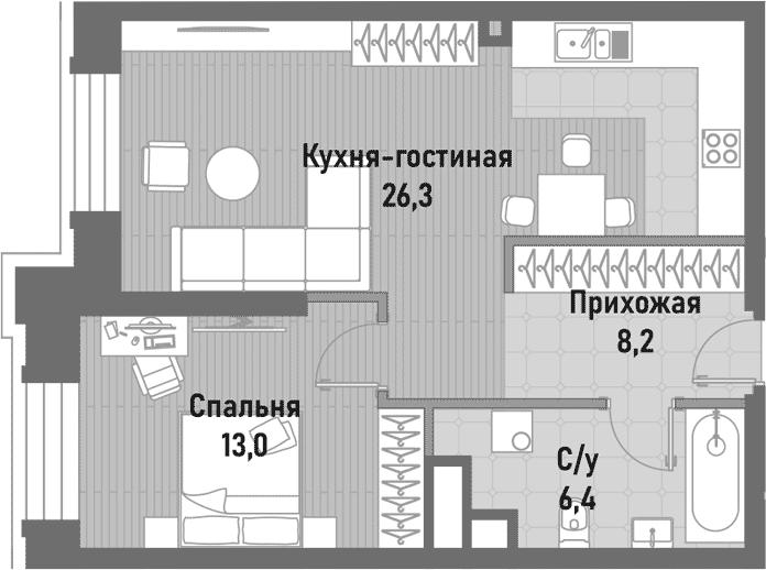 Планировка — Ренессанс, 2-комн., 54 м²