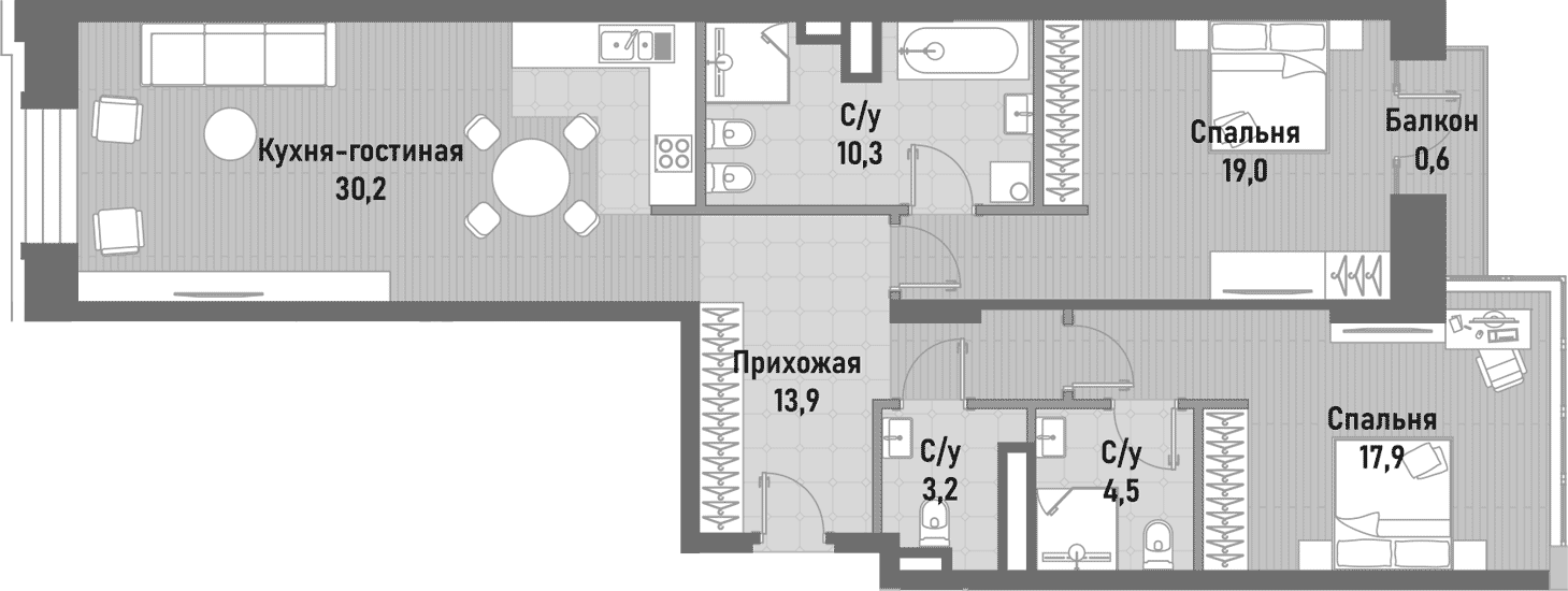 Планировка — Ренессанс, 3-комн., 99 м²