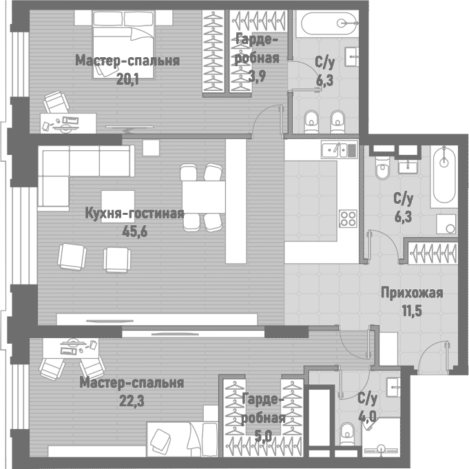 Планировка — Ренессанс, 3-комн., 122 м²