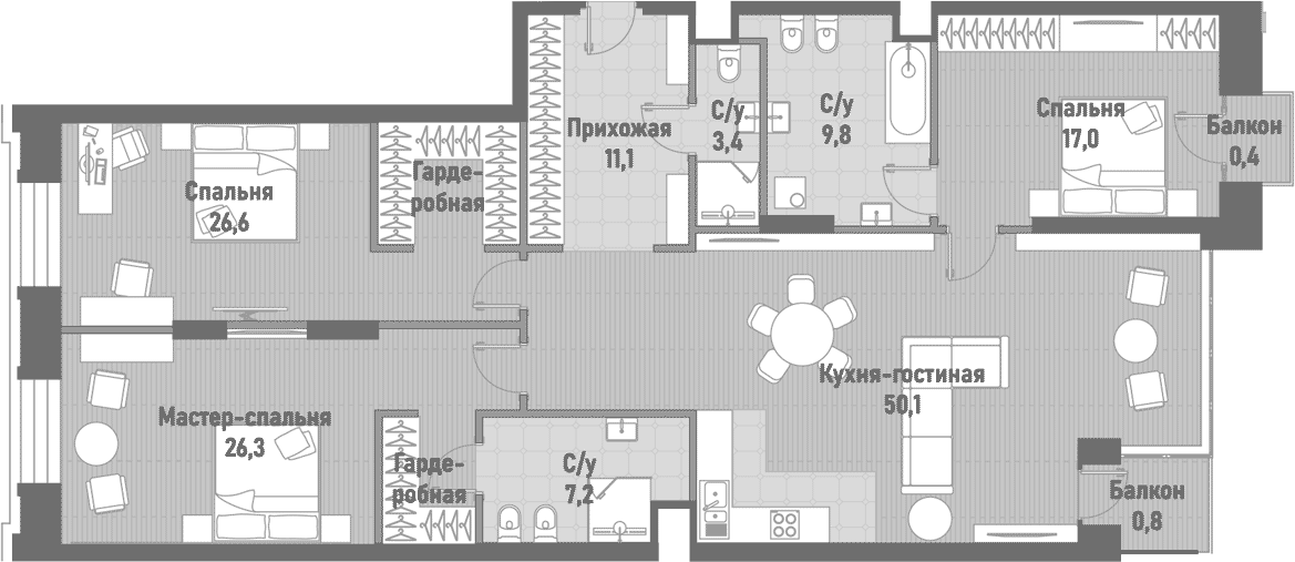 Планировка — Ренессанс, 4-комн., 152 м²