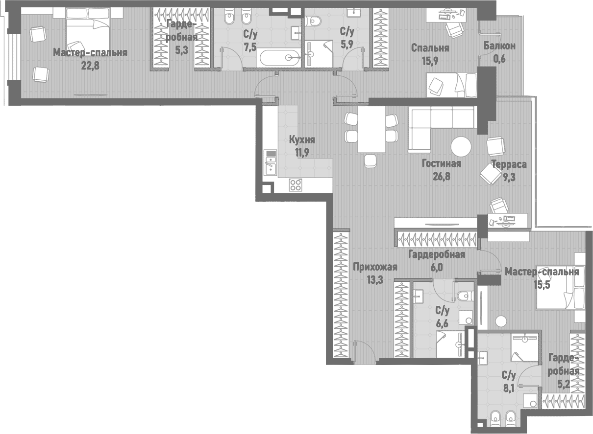 Планировка — Ренессанс, 4-комн., 151 м²