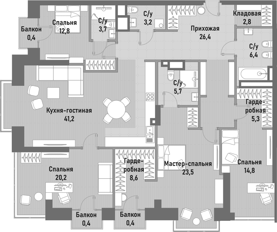 Планировка — Ренессанс, 5-комн., 174 м²