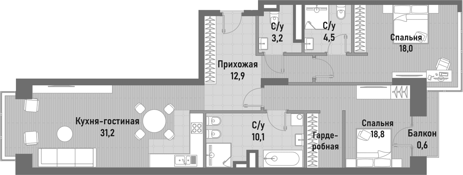 Планировка — Ренессанс, 3-комн., 99 м²