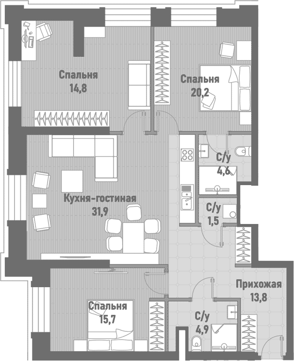 Планировка — Ренессанс, 4-комн., 107 м²