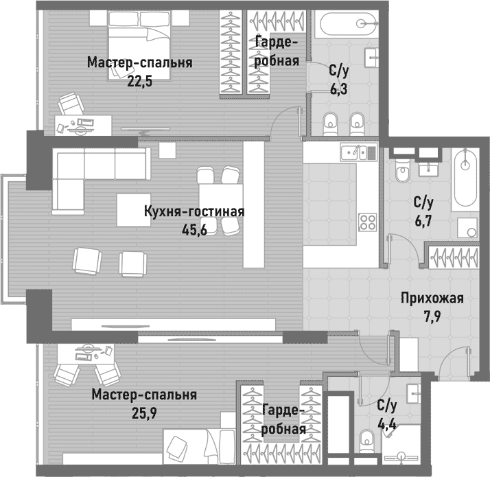Планировка — Ренессанс, 3-комн., 120 м²