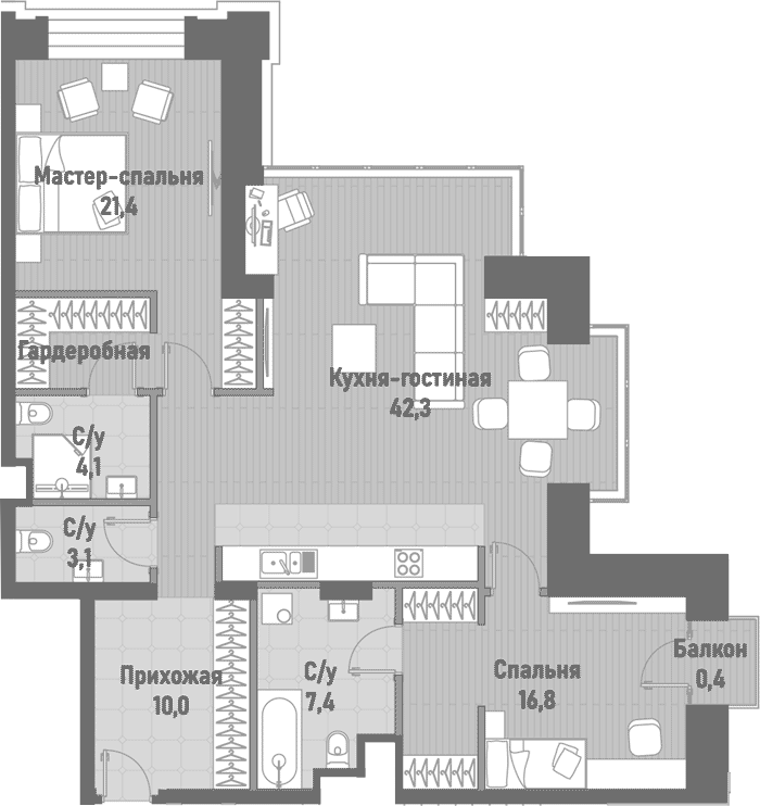 Планировка — Ренессанс, 3-комн., 105 м²