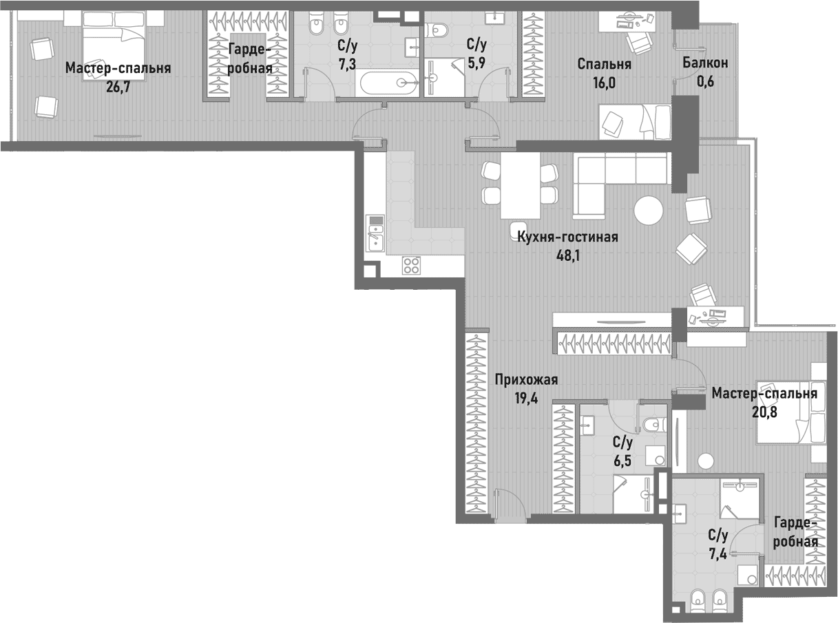 Планировка — Ренессанс, 4-комн., 159 м²