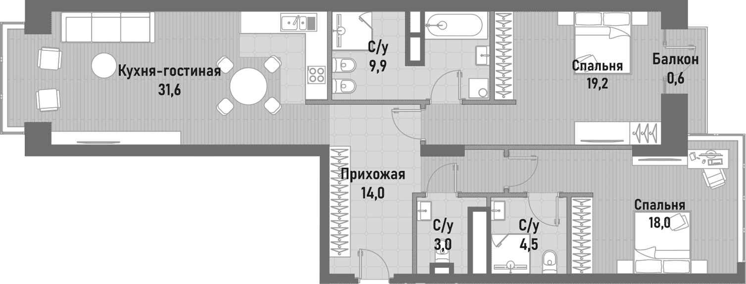Планировка — Ренессанс, 3-комн., 100 м²