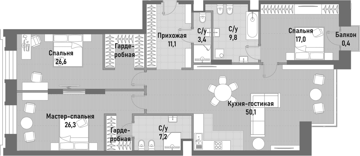 Планировка — Ренессанс, 4-комн., 150 м²