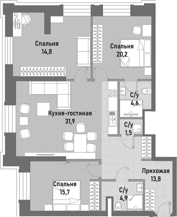 Планировка — Ренессанс, 4-комн., 97 м²