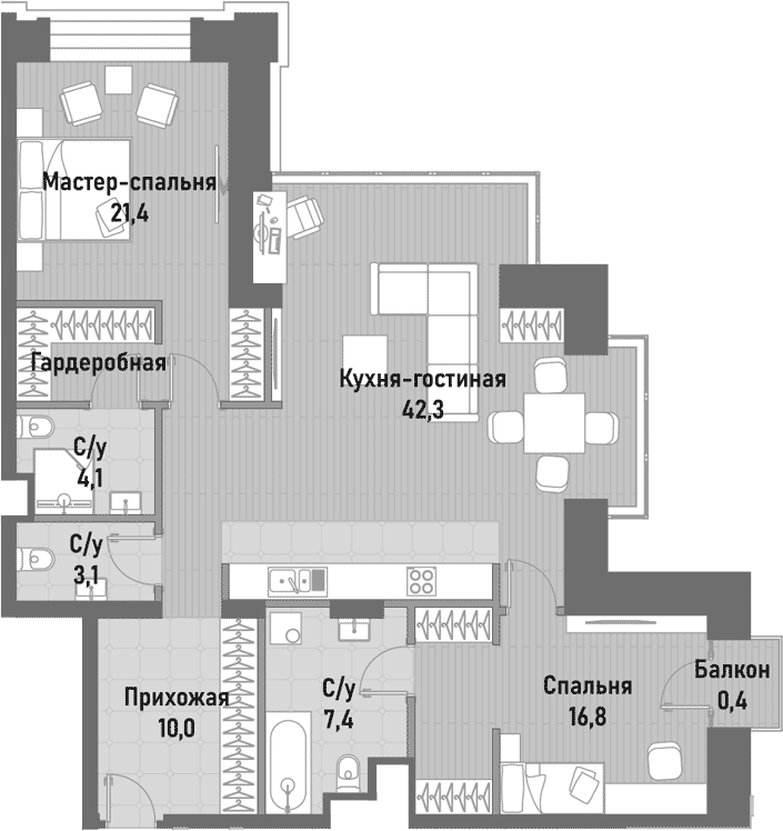 Планировка — Ренессанс, 3-комн., 103 м²