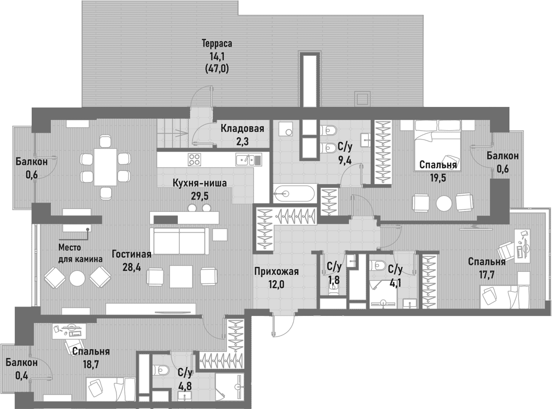 Планировка — Ренессанс, 5-комн., 149 м²