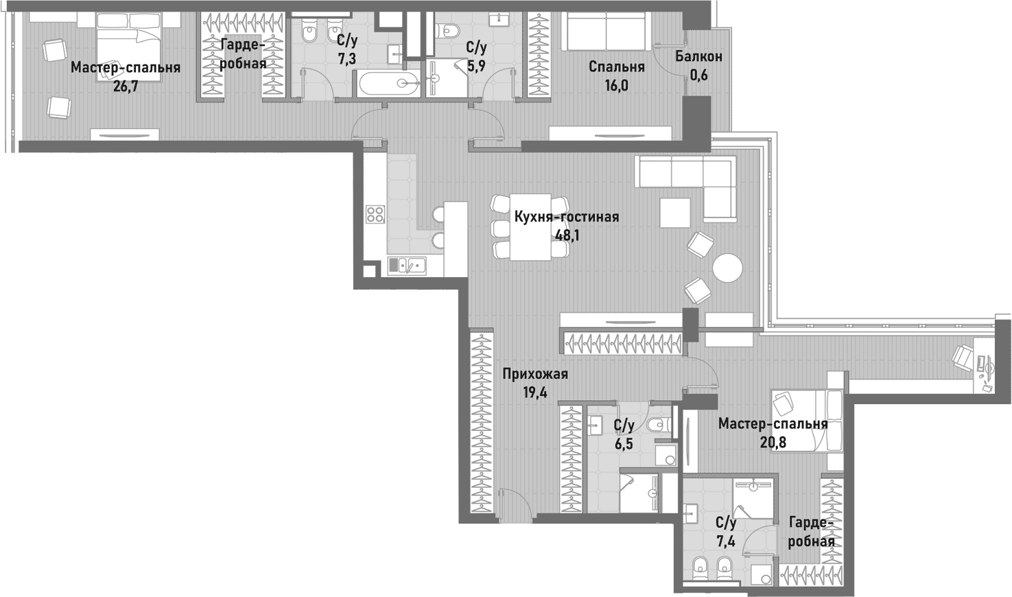 Планировка — Ренессанс, 4-комн., 160 м²