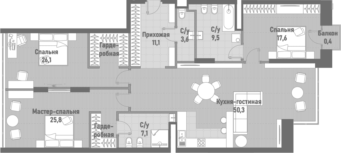 Планировка — Ренессанс, 4-комн., 150 м²