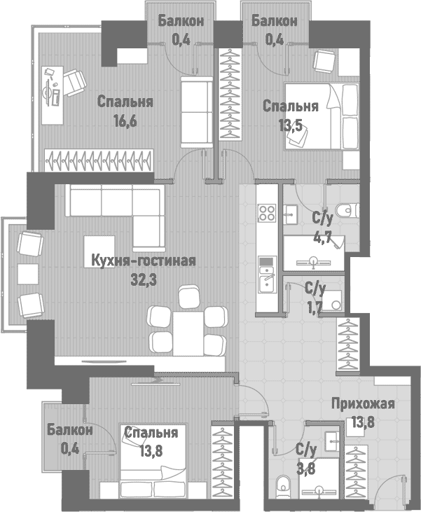 Планировка — Ренессанс, 4-комн., 100 м²