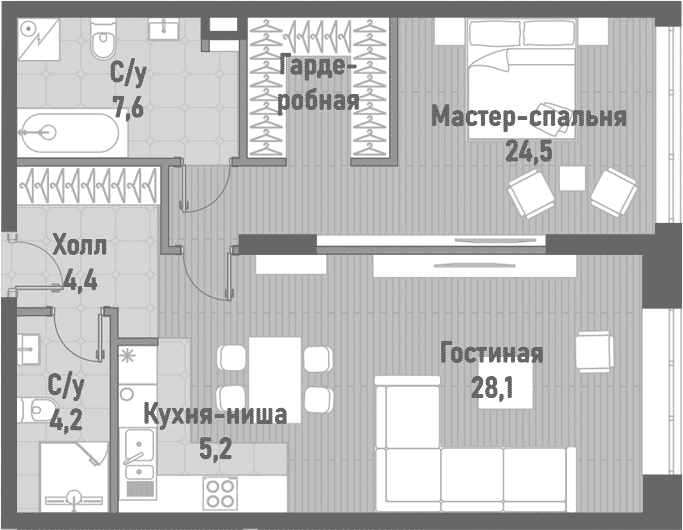 Планировка — Ренессанс, 2-комн., 74 м²
