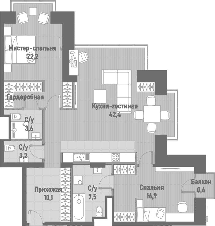 Планировка — Ренессанс, 3-комн., 106 м²