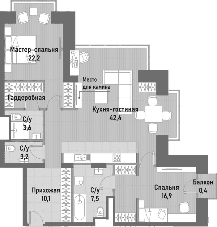 Планировка — Ренессанс, 3-комн., 102 м²