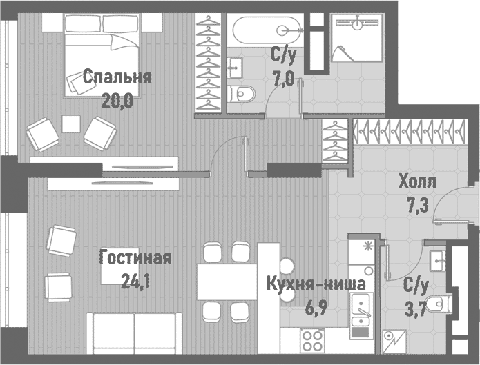 Планировка — Ренессанс, 2-комн., 69 м²