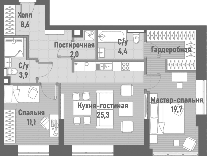 Планировка — Ренессанс, 3-комн., 75 м²