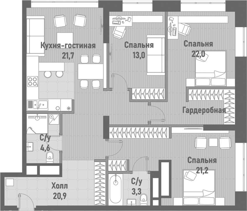 Планировка — Ренессанс, 4-комн., 107 м²