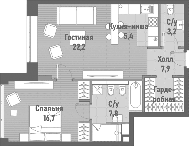 Планировка — Ренессанс, 2-комн., 63 м²